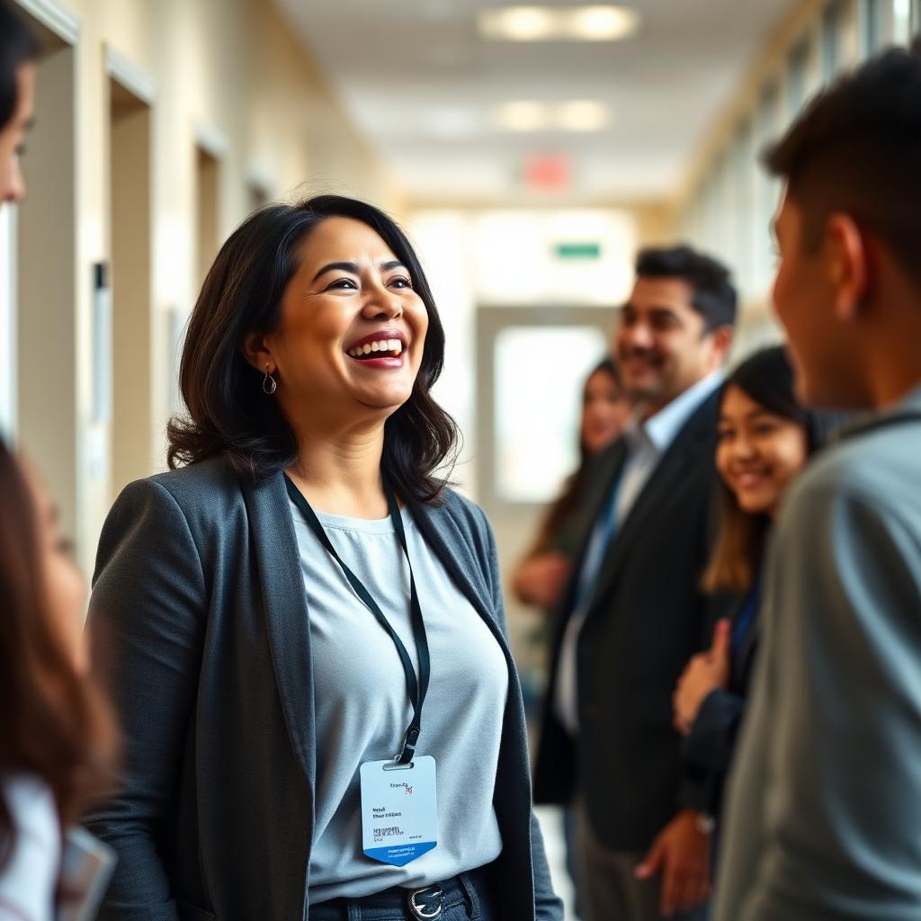 A female school leader laughing and talking with teachers and students in a bright school hallway, wearing an employee ID badge.